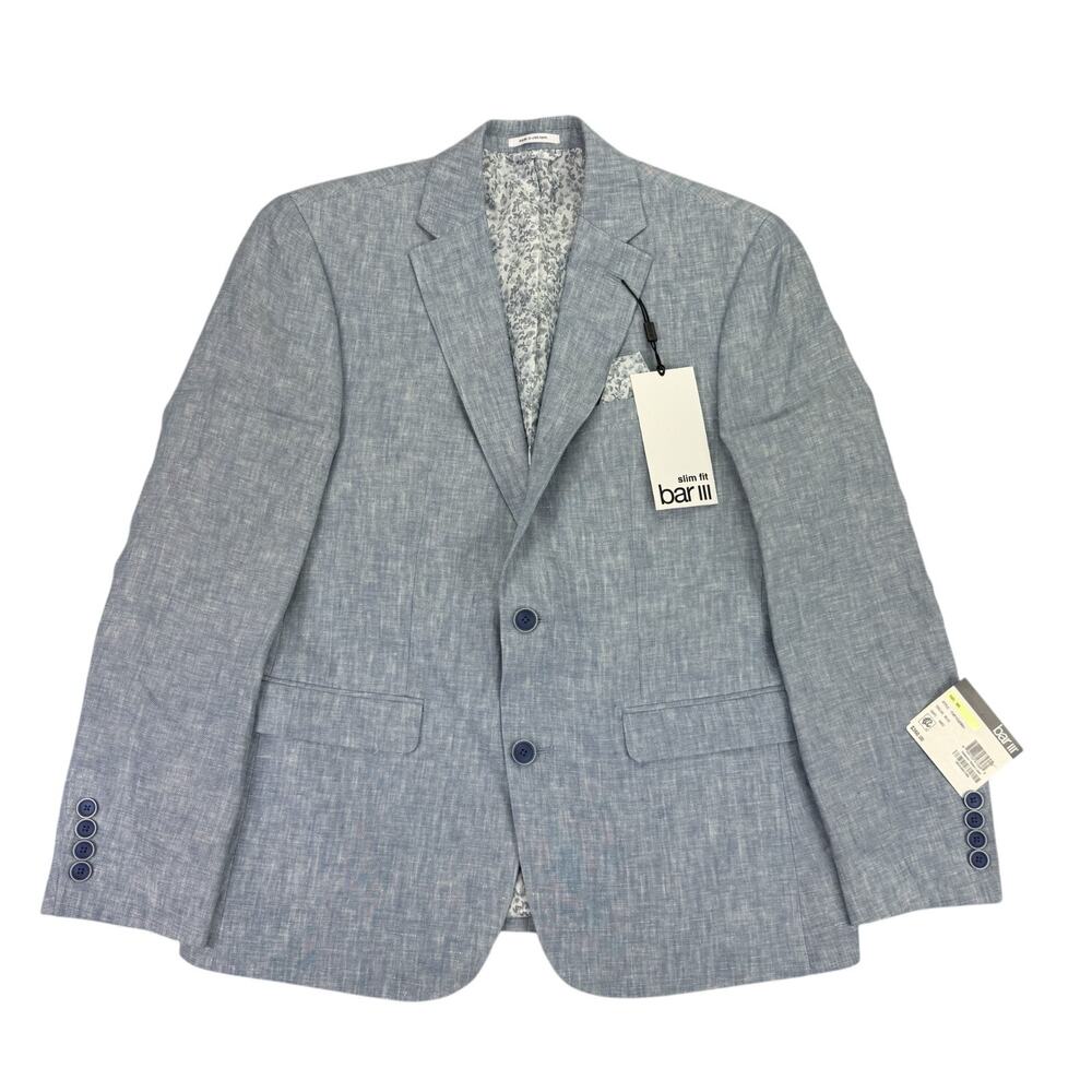 Bar III Mens Slim Fit 100% Linen Solid Suit Jacket Blue 38S